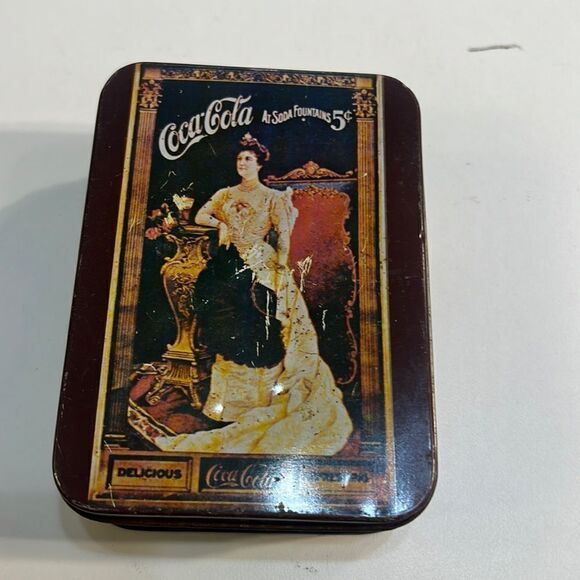 Vintage 1980's Coca Cola At Soda Fountains 5 Cents Queen Mary Tin Can Box w/ Lid - Picture 1 of 8